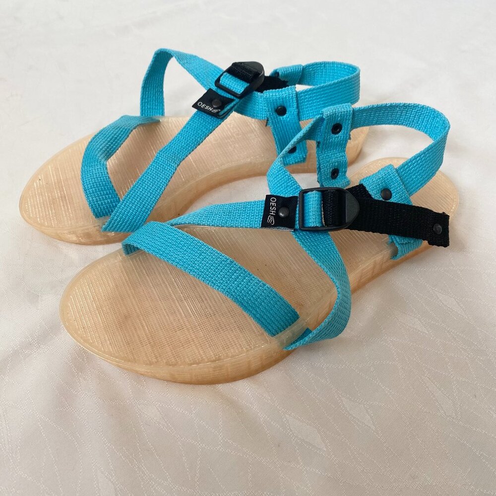 OESH Shoes Athena Sandals Women's 8 Blue Straps 3D Printed Sole